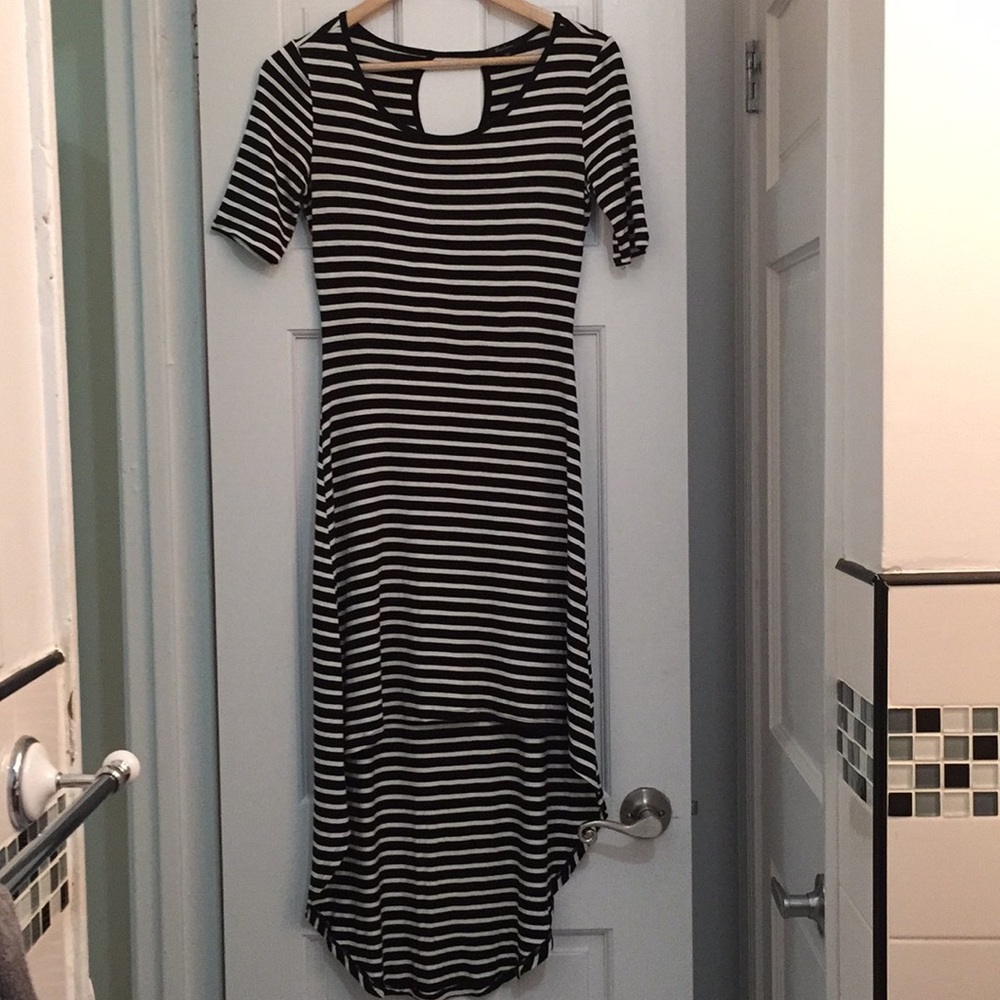 2 for $15 Black & off-white striped knit high-low hem dress